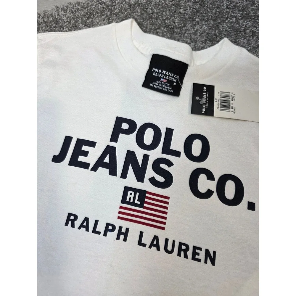 New Vintage Polo Jeans Co Ralph Lauren Boys Shirt Graphic Flag Logo Tee Size 5